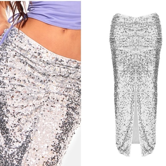 NWT PrettyLittleThing Black Sequin Ruched Waist Maxi Skirt - Picture 6 of 7